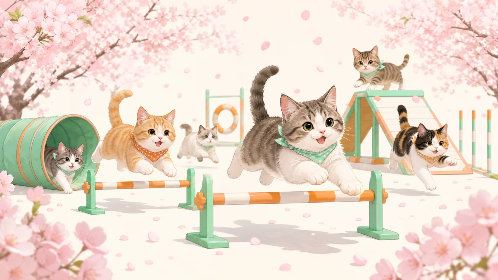 猫咪在樱花间跨越障碍的喵星人敏捷锦标赛封面